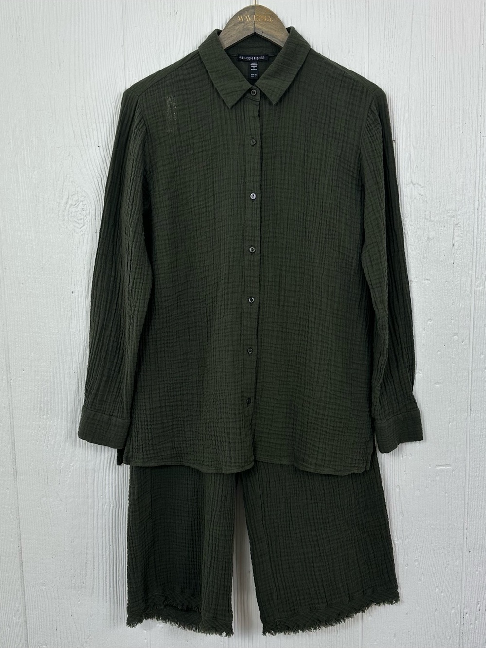 Eileen Fisher Gauzy Organic Cotton Long Sleeve Shirt & Pant Set 
Green XS